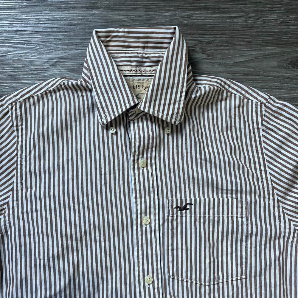 Hollister Mens Brown White Striped Cotton Button Down Shirt Small Long Sleeve - Picture 3 of 7